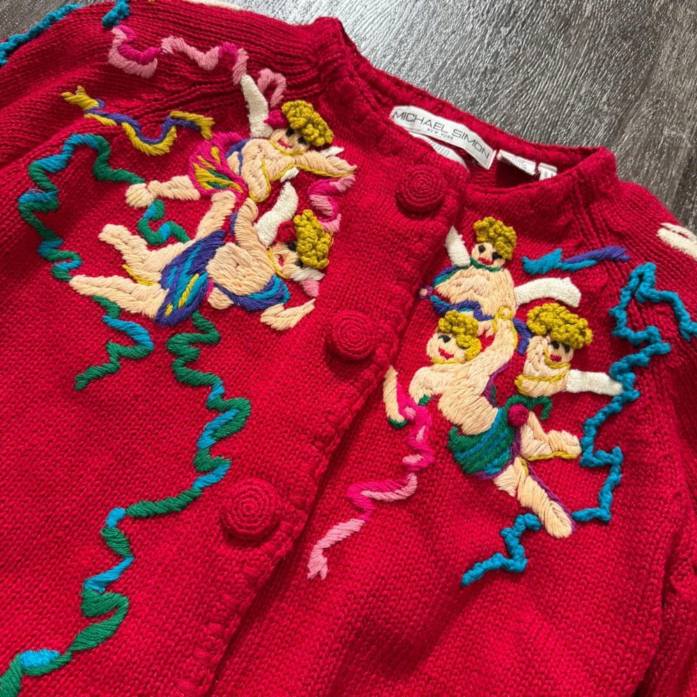 RARE Michael Simon Cardigan Women O/S Red Embroidered Cherub Angel Vintage Knit